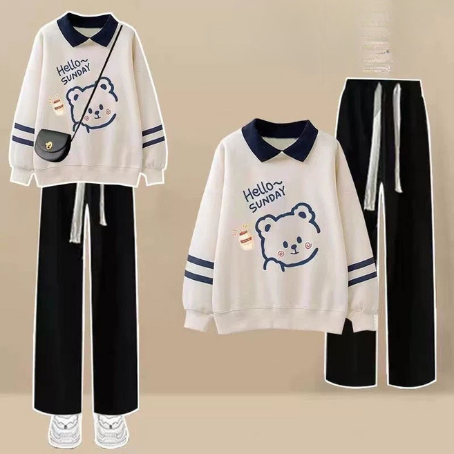 Choyur여성 청소년 캐주얼 세트 귀여운 캐릭터 프린트 맨투맨 팬츠 세트 봄 가을