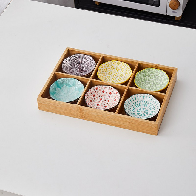일본 일식 나무그릇 고바찌 구절판 격자 반찬접시 트레이, I. 6격자  원형 플레이트 스타일 2, 1개, 1개