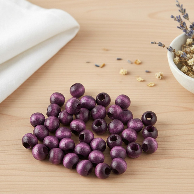 [10mm 구멍 대]국산 나무구슬 DIY 공예 재료 팔찌 목걸이 만들기 우드 비즈 80개입, 1세트, 나무구슬(구멍)-대10mm 보라(80개)