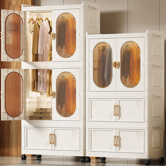 이동식 옷장 양문형 의류 수납장 긴 치마용 옷장 대형 수납박스 정리장 접이식 수납박스, 아이보리색 투명 도어