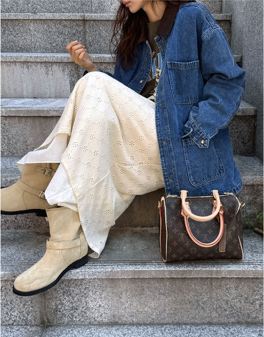 체인지쉬(change she) 여성 코듀로이 카라 배색 루즈핏 데님 자켓