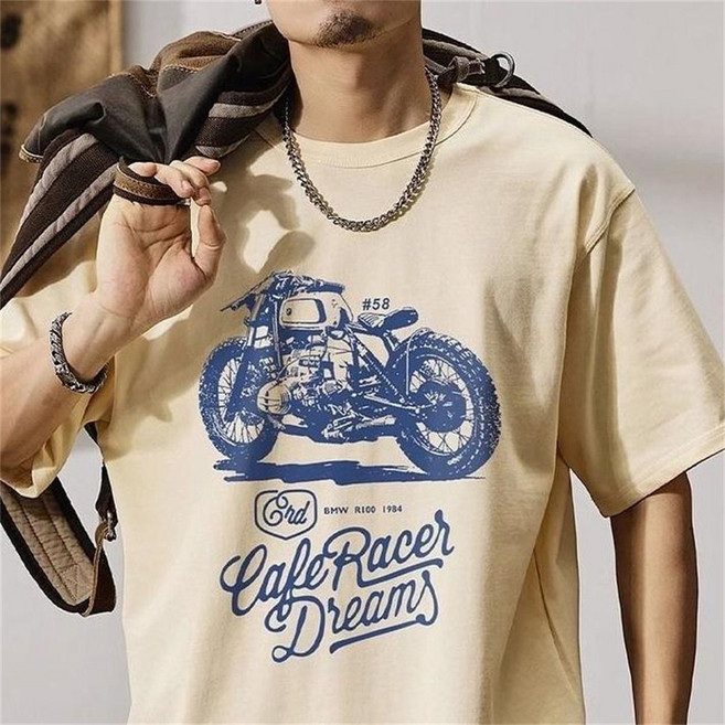Vezri 남성용 레트로 오토바이 그래픽 프린트 중량 순면 반팔 티셔츠 오버핏 빈티지 무드 캐주얼 스트릿웨어 Aaa