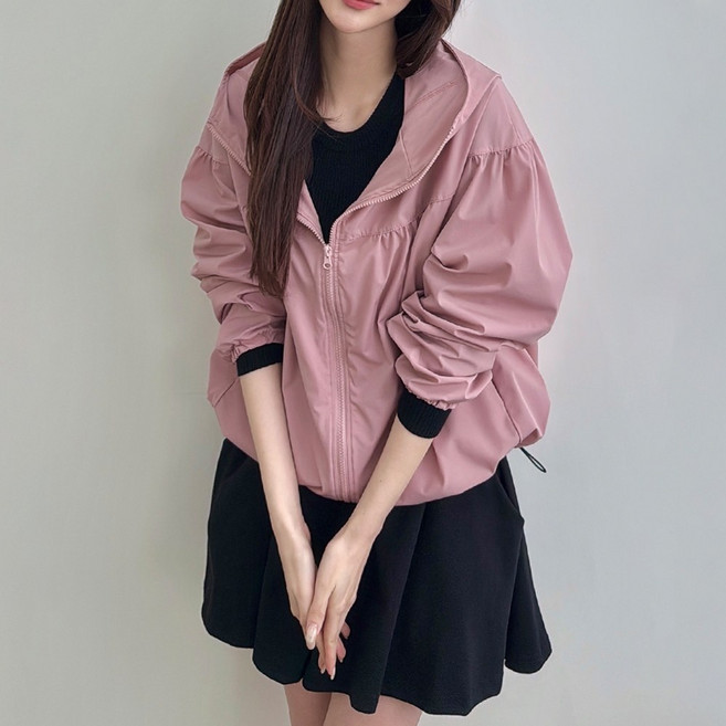 메이징 여성용 루즈핏 A라인 하이넥 후드 바람막이 점퍼