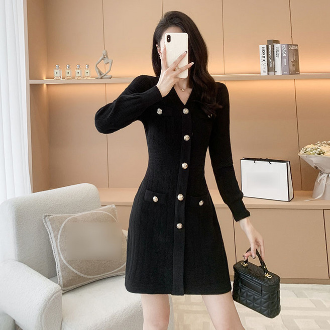 여성 겨울 브이넥 트위드 숏 원피스 슬림핏 금장 버튼 하객룩 고급스러운 긴팔 타이트 미니드레스
