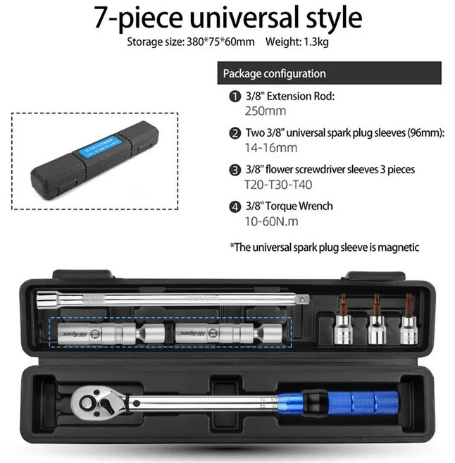 3/8 "10 60N m 토크 렌치 초박형 자기 자동차 점화 플러그 특수 제거 도구 조정 가능한 스패너 액세서리, 7pcs, 1개