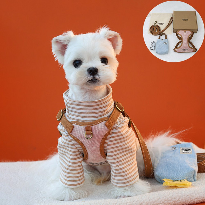 왕왕왕성 강아지 하네스 5종 세트 선물포장, 핑크(브라운), 1세트