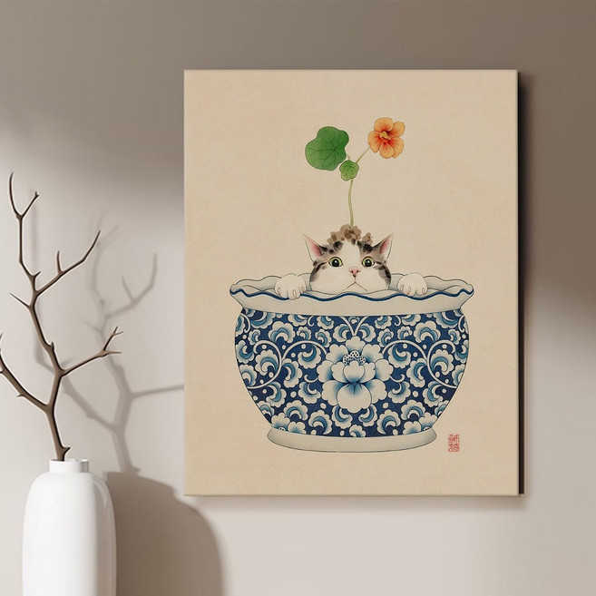 현대 민화 춘묘도 고양이 카페 거실 인테리어 캔버스 그림액자 9종 집들이 선물 고양이그림, 03.화분춘묘