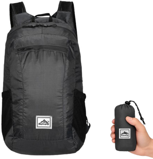 초경량 접이식 휴대용 방수 포켓 백팩, 블랙