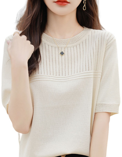 여름 여성용 펀칭 쿨냉감 라운드넥 반팔 니트 티셔츠 부드러운 쿨니트