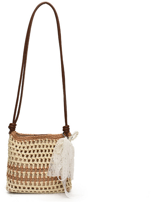 棉編蕾絲珍珠斜跨包 蝴蝶結裝飾編織手機包, 米色