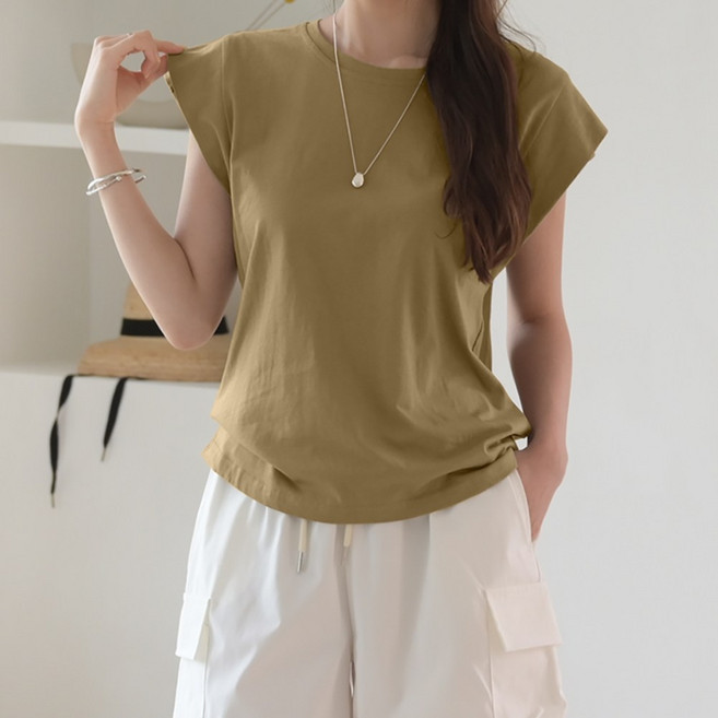 데일리앤 헤이먼 여성 무지 코튼 캡소매 티셔츠 이중 나시티