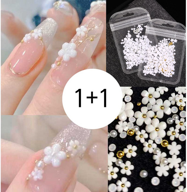 1+1 미니 화이트 꽃 네일 파츠 구슬 비즈 셀프네일 DIY 부자재, 2개, 백화