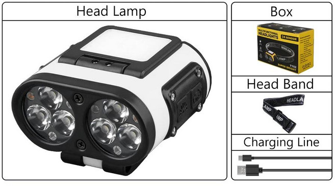 LED TYPE-C 충전식 헤드 램프 센서 헤드 라이트 IPX4 방수 헤드 손전등 캠핑 라이트 높은 루멘 밝은 헤드, 1개, 7) Type A White