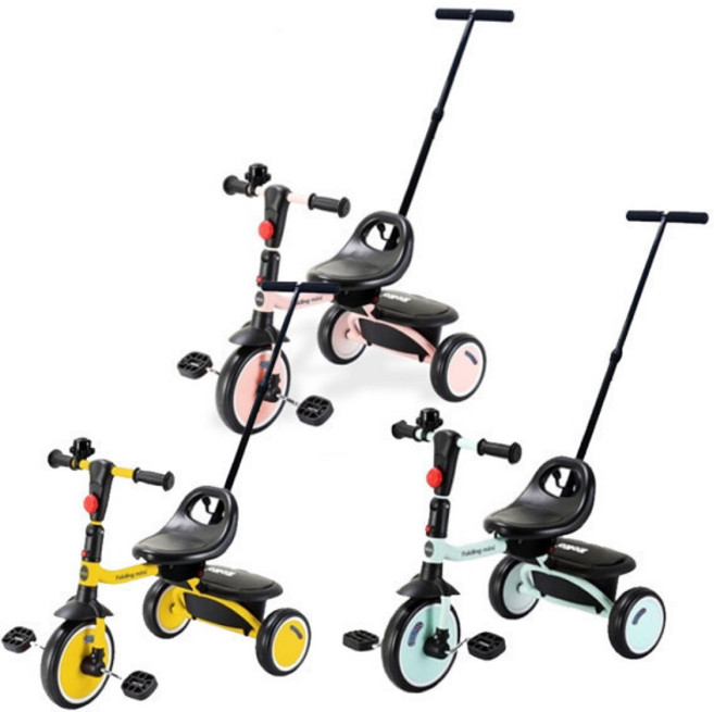 조코 폴딩 미니 세발자전거 유아 세발자전거 + 보호자용 손잡이 (3세~), 옐로우+보호자손잡이, 1개