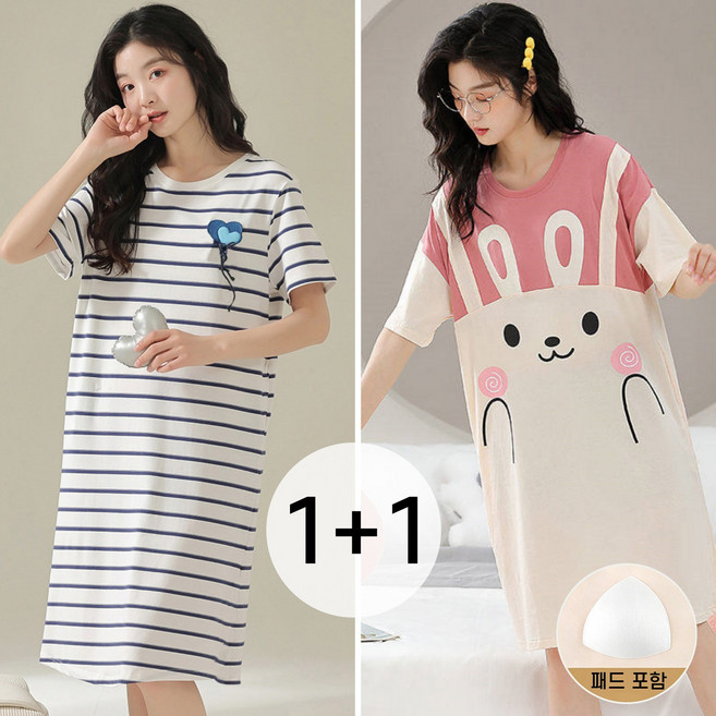 Belua 1+1 여성 여름 반팔 캡내장 잠옷 원피스 빅사이즈 오버핏 홈웨어 파자마