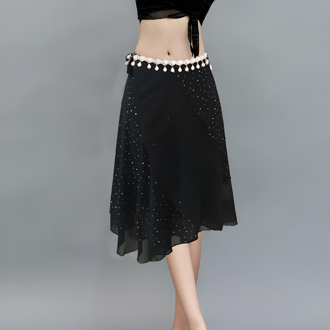 루지 랩스커트 라인댄스복 밸리복 벨리복 방송댄스 줌바 에어로빅 공연 무대 연습, 블랙