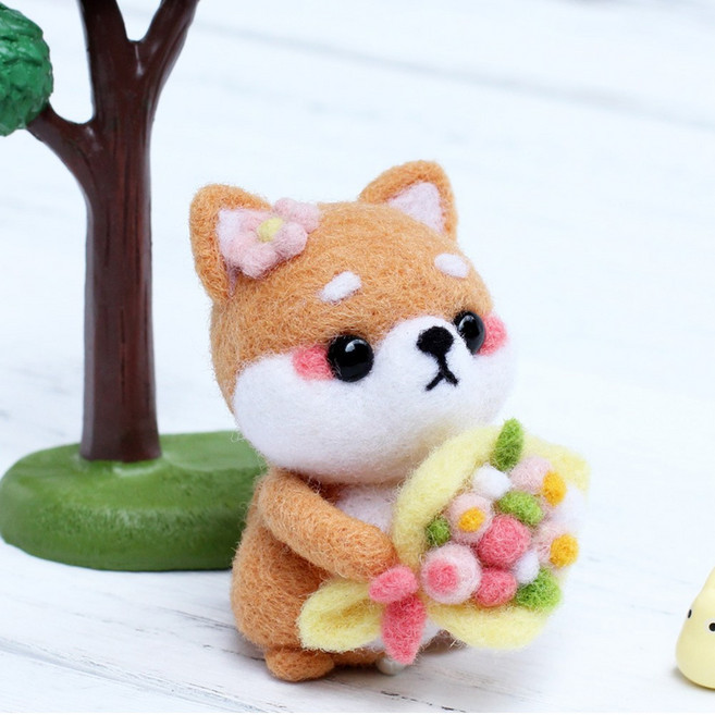 양모펠트 DIY키트 니들펠트 인형 공예 만들기 애착인형, 01_꽃다발시바, 1개