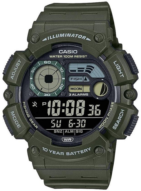 Casio WS1500H 시리즈 | 남성용 디지털 시계 | 100M WR | 듀얼 타임 | 카운트다운 타이머 | LED 조명 | 문 페이즈 | 낚시 모드 | 자동 캘린더 | 멀
