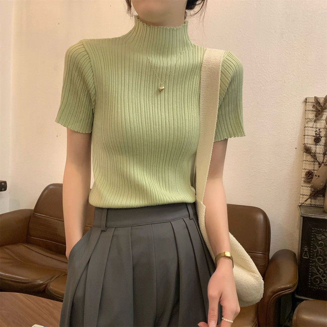 여성 반폴라 니트 반팔티 봄 데일리 여자 캐주얼 반목 반팔티 슬림핏 상의 LT