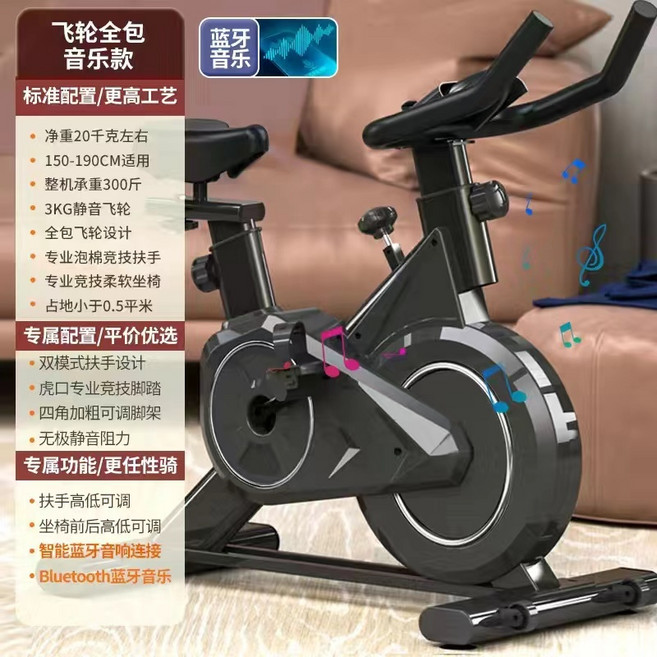飛輪健身車 磁控飛輪單車 動感室內腳踏車, 豪華款黑/藍牙音樂/全包飛輪/靜音, 黑