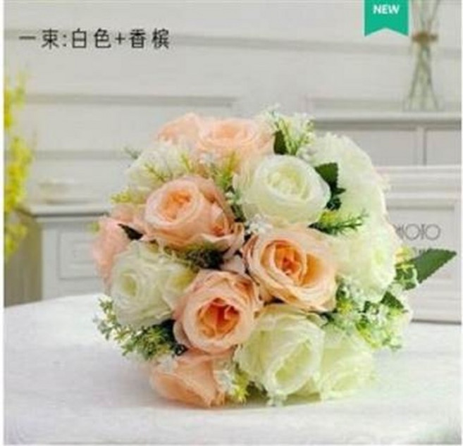 仿真花束 白色 香檳色, 仿真玫瑰花18朵玫瑰手捧花, 1件