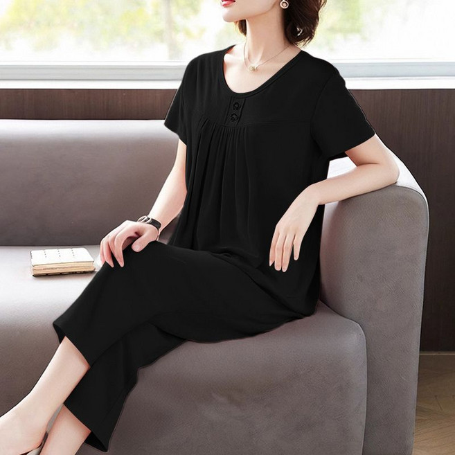 중년 엄마 여름 빅사이즈 투피스 캐주얼 패션 반팔 7부 바지 4050대 엄마 상하세트 할머니 옷 중년 상의 바지 세트