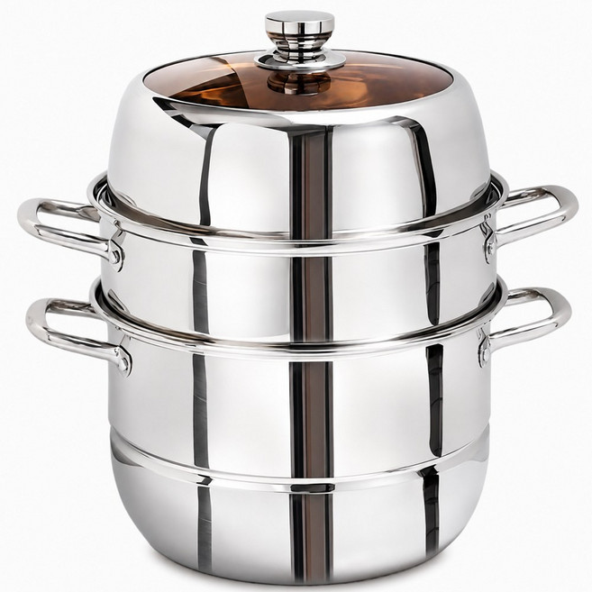 CookBuddy 스텐 찜기 3단 업소용 가정용 인덕션 만두 찜기 냄비, 1개, 34cm