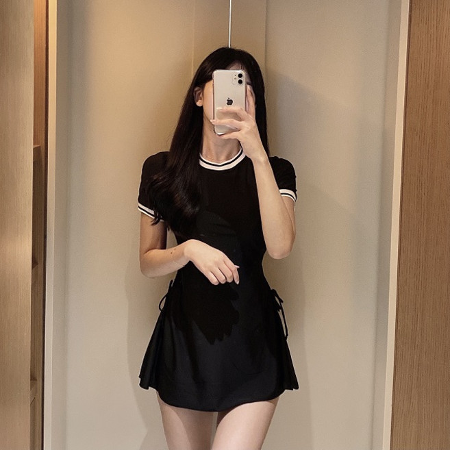 체리미 체형커버 청순 반팔 투피스 수영복+바지포함 (원피스수영복/빅사이즈/체형커버/뱃살커버/커버업/여리여리/임산부/바캉스/풀빌라/휴양지/여행/휴가/여름/스윔웨어/풀빌라), 블랙