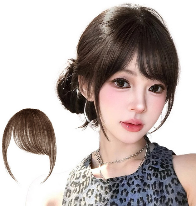 미즈코스 C컬 가르마 앞머리 가발 옆머리 시스루 사이드 뱅, 라이트브라운-오른쪽, 1개