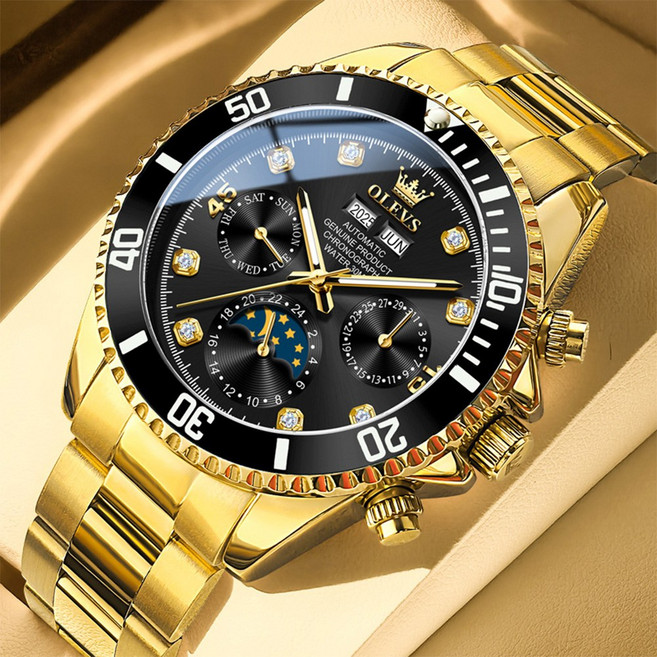 OLEVS 남성 시계 럭셔리 정품 기계식 오토매틱 명품 다기능 큐빅 워터프루프 야광
