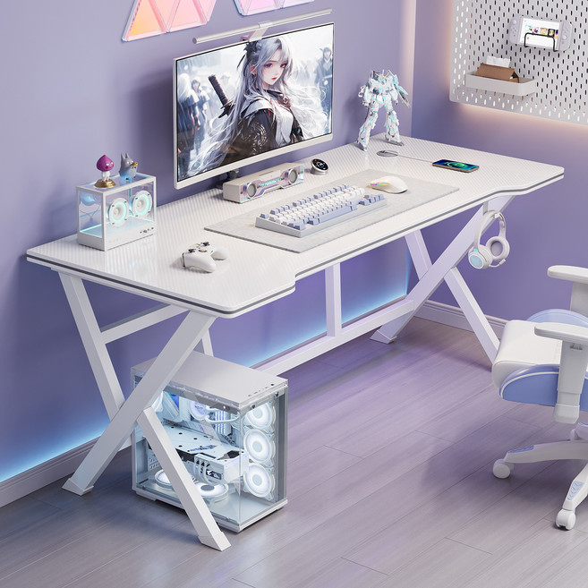 카본 패턴 1인용 게이밍 컴퓨터 철제책상 사무용책상 헤드셋거치대 포함, 흰색