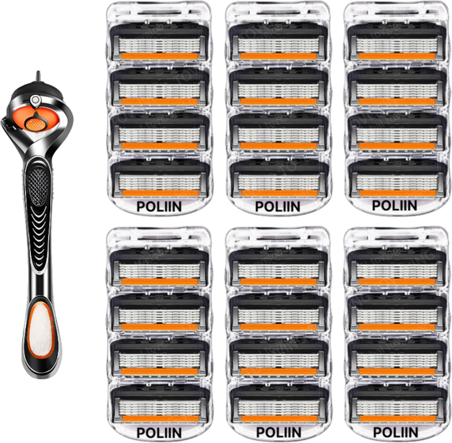 POLIIN 호환 신형 프로글라이드 질레트 면도날 블랙주황+ 스윙 면도기, 24개입, 1세트