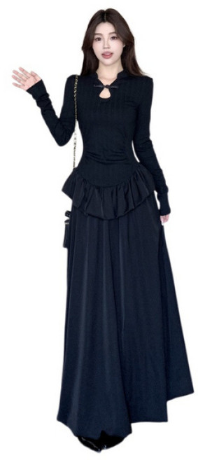 【氣質收腰】新中式旗袍 連衣裙 長裙 長袖連衣裙 旗袍裙 生日禮服 黑色絲絨 早秋新款 高級感設計 改良國風 宴會聚會, B逸447黑色