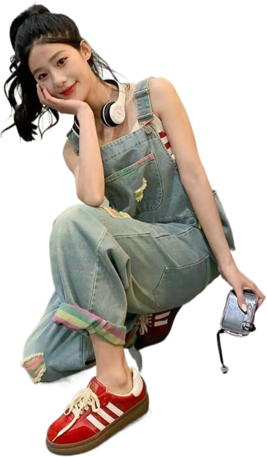 여성용 데님 멜빵바지 찢어진 배기 점프슈트