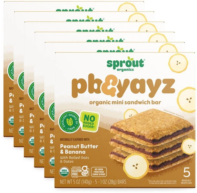 Sprout Organics PB & Yayz 유아용 스낵 바 땅콩 버터 및 바나나 개별 바 5개 각 28.9g(1.05온스) (6박스), 140g - 쿠팡