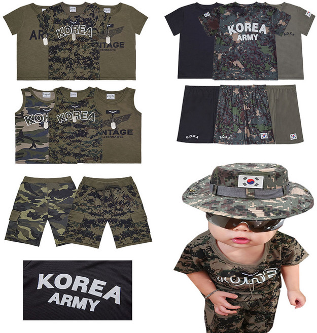 여름 유아 키즈 어린이 아동 로카 ROKA 카모 반팔 나시 군복 밀리터리 상하복 세트 캠핑룩 역할놀이