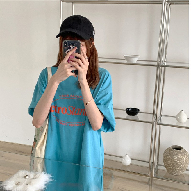 IFaith 糖果色字母印花短Tee 韓版 寬鬆 中長版 短袖 落肩T恤 T0028