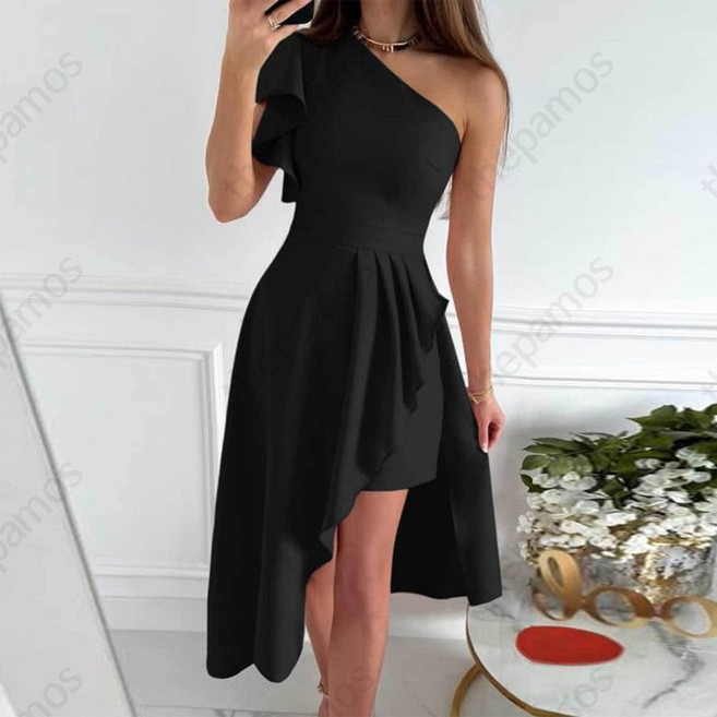 이브닝 원숄더 슬리브리스 드레스 결혼식 파티 우아한 연회용 미디 기장 연주회 연말파티 스타일