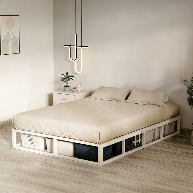 UTIMIU 철제저상침대 무헤드 침대프레임 수납침대 25cm 높이, 화이트