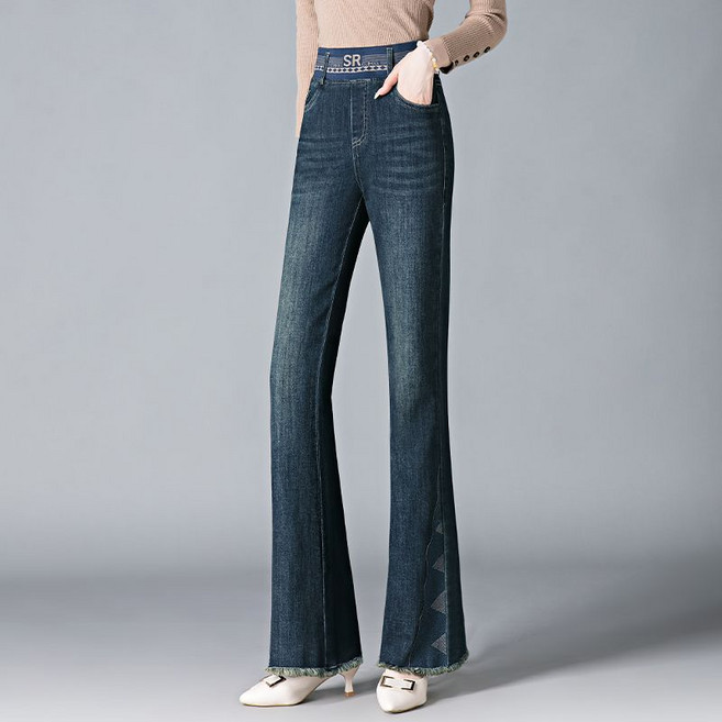 Makone 여성 하이웨스트 밴딩 워싱 청바지 슬림핏 부츠컷 밑단 프린지 데님 팬츠 나팔바지