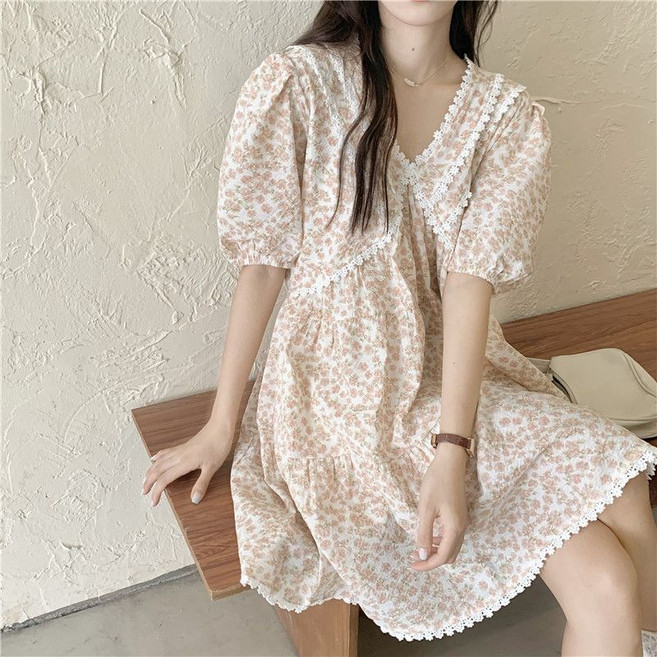 法式甜美小個子碎花蕾絲花邊連衣裙子女學生森系桔梗裙, 粉碎花 【優質+內襯】,XL