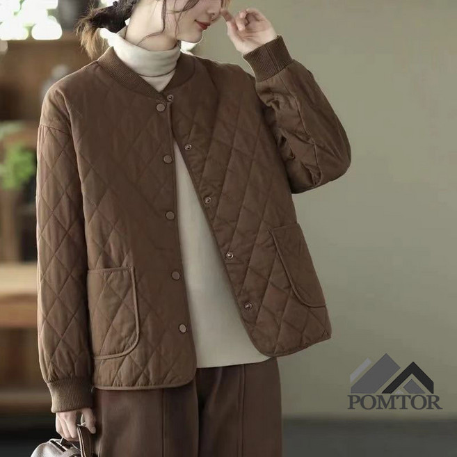 POMTOR 여성 가을 겨울 빅사이즈 루즈핏 노카라 퀼팅 패딩 점퍼 아우터