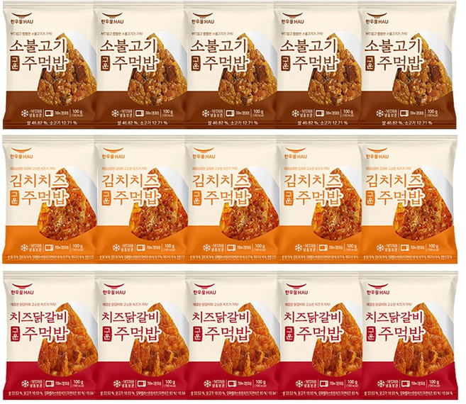 [도도나몰] 한우물 구운주먹밥 15개 소불고기+김치치즈+치즈닭갈비 (5개씩), 1세트, 100g