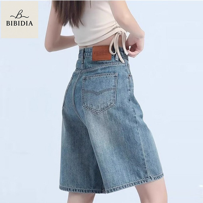 비비디아 여름 여성 캐주얼 하이웨스트 와이드 데님 5부 워싱 팬츠 청반바지5497