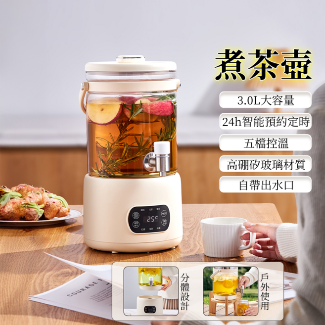 多功能溫控養生壺 花茶果茶咖啡適用 保溫功能, 白色【帶濾網】, 1套, 3L