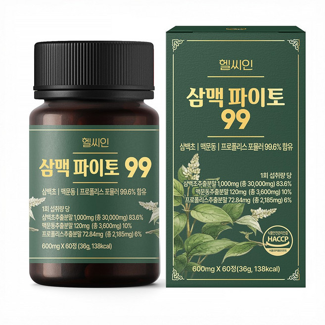 삼백초 추출물 맥문동 프로폴리스 삼맥 파이토 99.6% 식약청 HACCP 인증, 1개, 60정