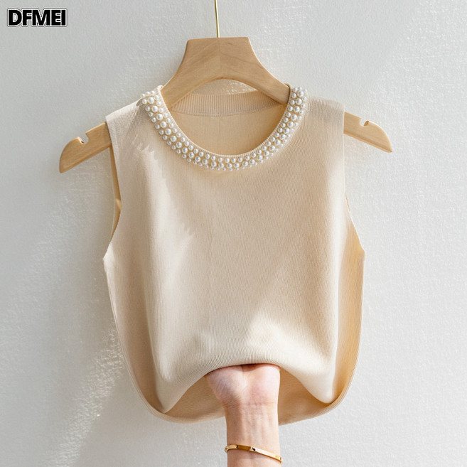 DFMEI 吊帶背心女白色無袖打底衫春夏內搭配西裝釘珠針織衫上衣