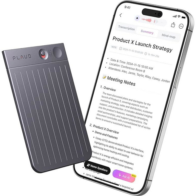 PLAUD 메모: 블랙 케이스 앱 제어 AI 기술로 전사 및 요약 112개 언어 지원 64GB 메모리 강의 회의 통화용 오디오 레코더 제공