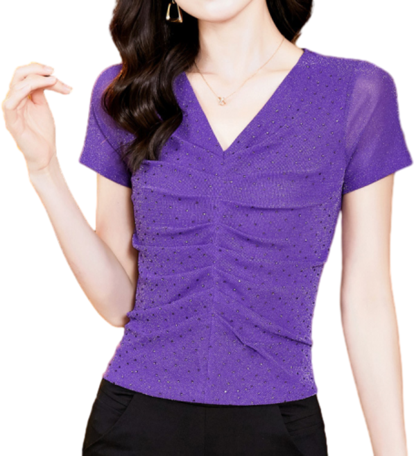 반팔 브이넥 셔링 시스루 망사 스팽글 티 댄스복 상의 Dance wear 뉴타임즈