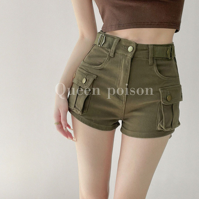 Neirny 여성 데님 반바지 여름 벨트 카고 하이웨스트 슬림핏 캐주얼 아이스 섹시 힙업 포켓 와이드 미니 팬츠